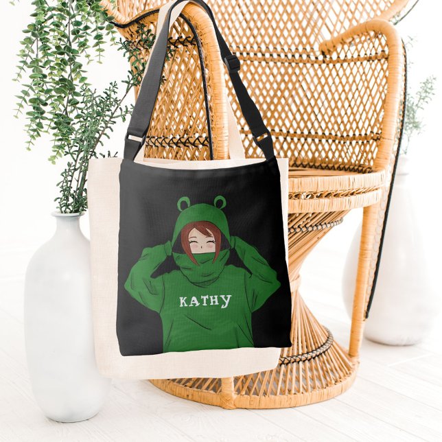Cute Girl med Grönt Frog Hoody Teckning Namn Axelväska (Skapare uppladdad)