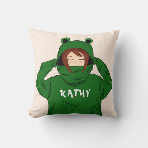 Cute Girl med Grönt Frog Hoody Teckning Namn Kudde