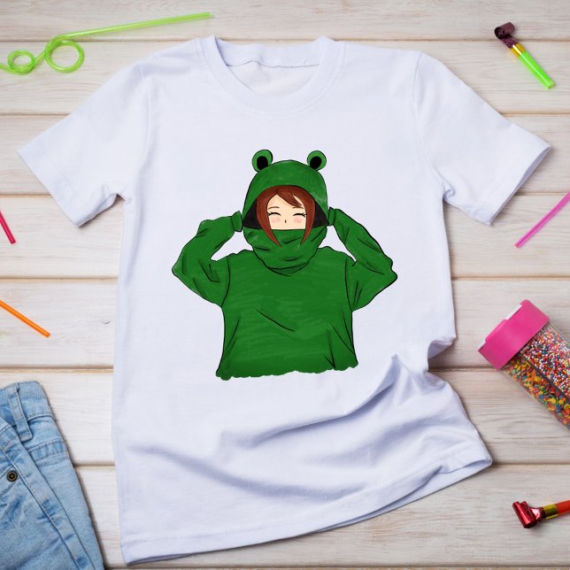 Cute Girl med Grönt Frog Hoody Teckning T-shirt (Skapare uppladdad)