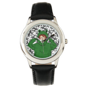Cute Girl med Grönt Frog Hoody Teckning Watch Armbandsur