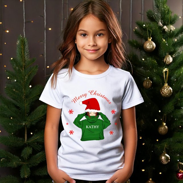 Cute Girl med Grönt Hoodie Santa Hat jul T Shirt (Skapare uppladdad)