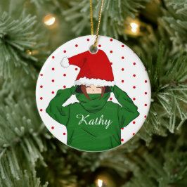 Cute Girl med Grönt Hoody Santa Hat jul Julgransprydnad Keramik