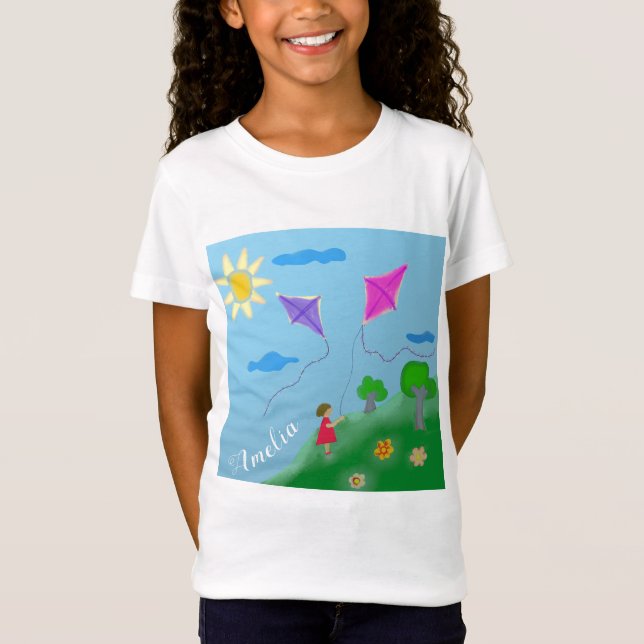 Cute Girl med Kites Kids teckning T Shirt (Framsida)