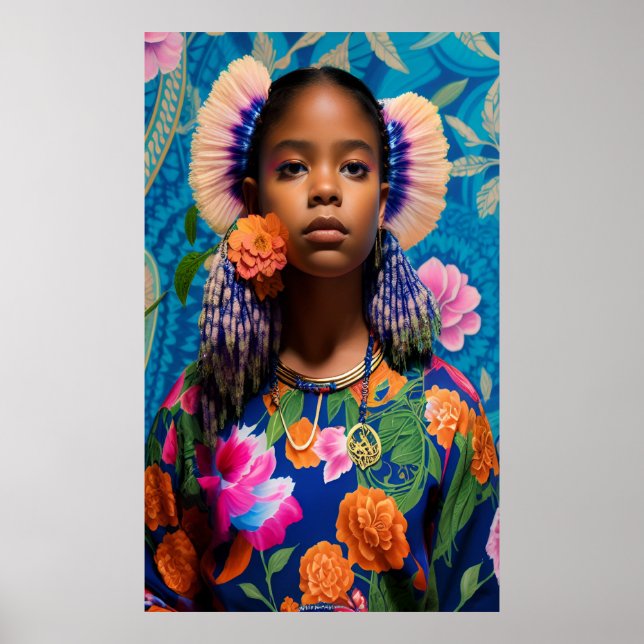 Cute Girl med orange blommor Poster (Framsidan)