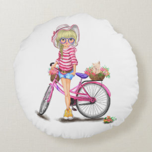 Cute Girl med Rosa Bike Round Pillow Rund Kudde