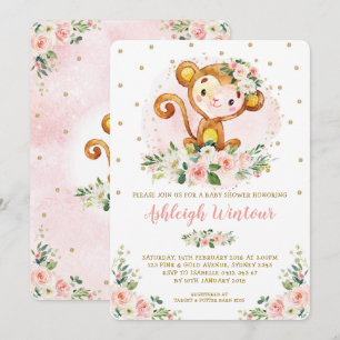 Cute Girl Monkey Baby Rosa Guld Blommigt Baby Show Inbjudningar