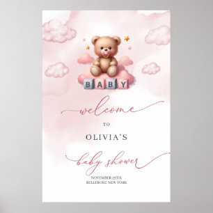 Cute Girl nalle över molnet välkommen Poster