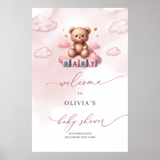 Cute Girl nalle över molnet välkommen Poster (Framsidan)
