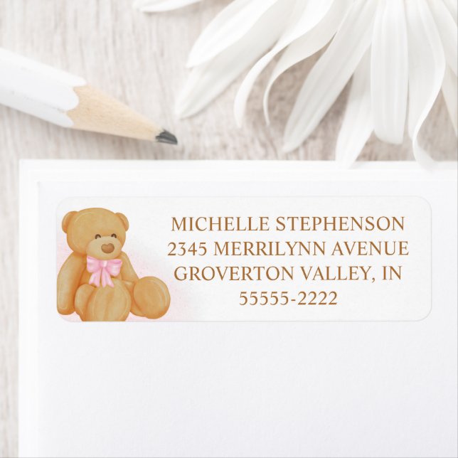 Cute Girl Nalle Rosa Bow-etikett Returadress Etikett (Insitu)