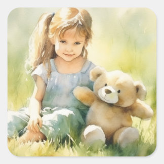 Cute Girl Nalle Watercolor Illustration Fyrkantigt Klistermärke
