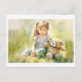 Cute Girl Nalle Watercolor Illustration Vykort