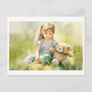 Cute Girl Nalle Watercolor Illustration Vykort