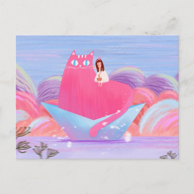 Cute Girl och Big Cat Vykort (Framsida)