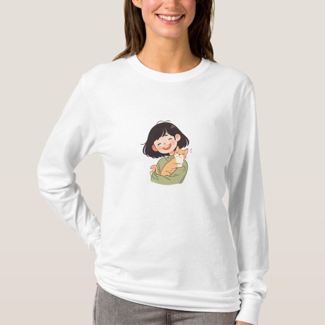 Cute Girl och hennes Kattdjur Friend T Shirt (Framsida)