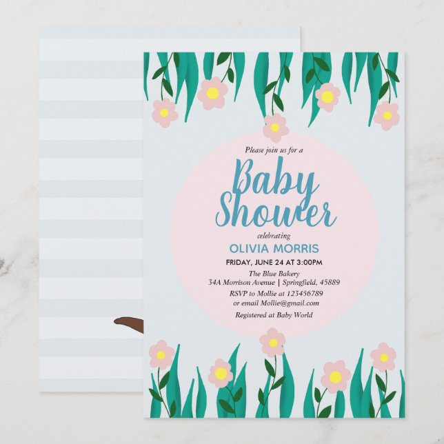 Cute Girl Otter Tecknad Flowers & Namn Baby Shower Inbjudningar (Fram/baksida)