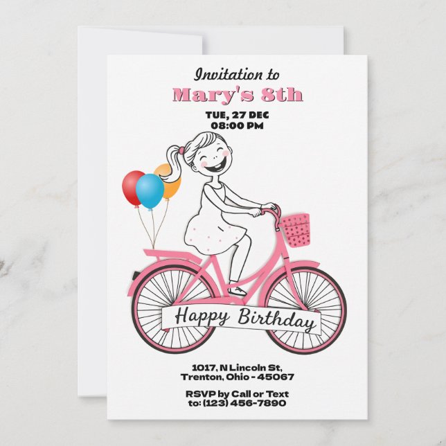Cute Girl på Bicycle Grattis på födelsedagen Card Inbjudningar (Framsida)