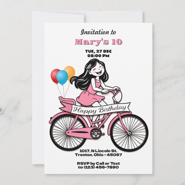 Cute Girl på Bicycle Grattis på födelsedagen Card Inbjudningar (Framsida)
