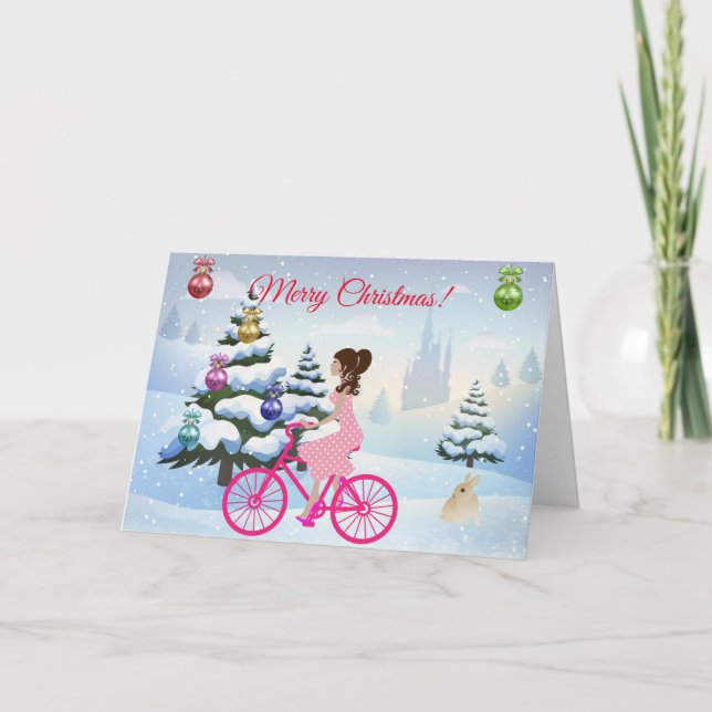 Cute Girl på en Rosa Bicycle Vinter-jul Kort (Framsida)