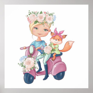 Cute Girl på Motor Scooter med Little Fox Poster