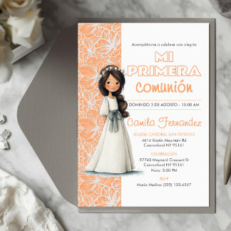 Cute Girl Peach Background Spanish First Communion Inbjudningar