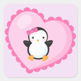 Cute Girl Penguin in in Big Ljusare rosa Heart Fyrkantigt Klistermärke