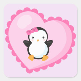 Cute Girl Penguin in in Big Ljusare rosa Heart Fyrkantigt Klistermärke