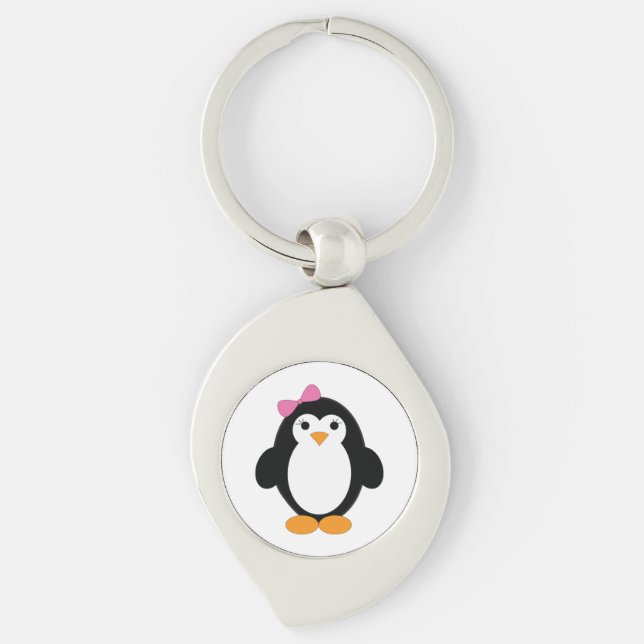 Cute Girl Penguin Swirl Silverfärgad Nyckelring (Framsidan)