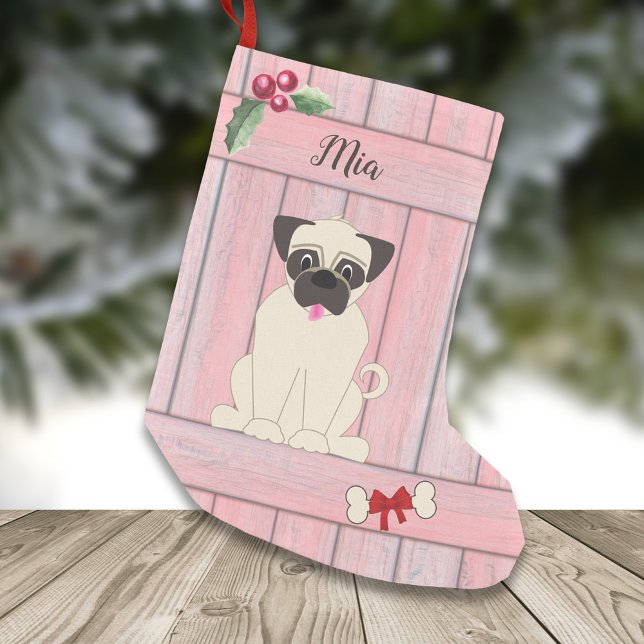 Cute Girl Pug Rosa Wooden Fence Monogram Liten Julstrumpa (Skapare uppladdad)