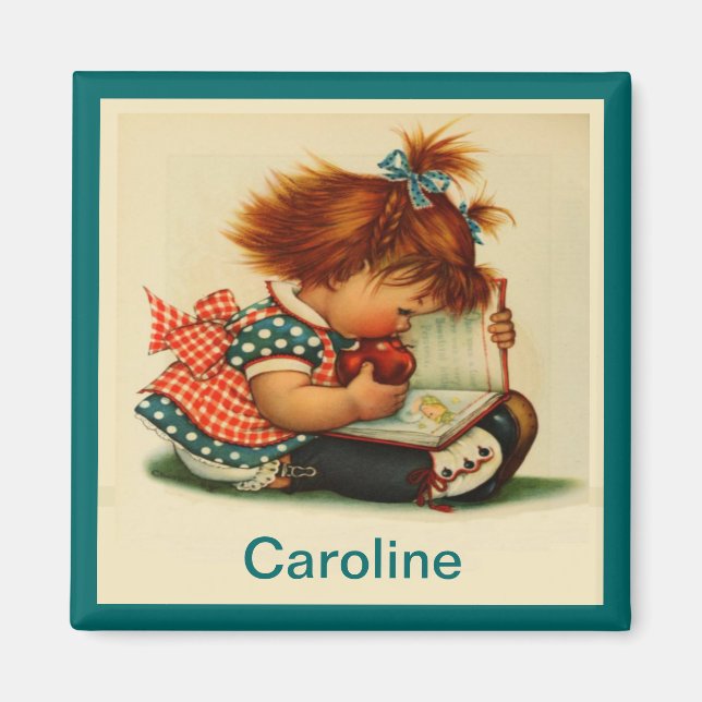 Cute Girl Reading a Bok with Namn - Square Magnet (Framsidan)