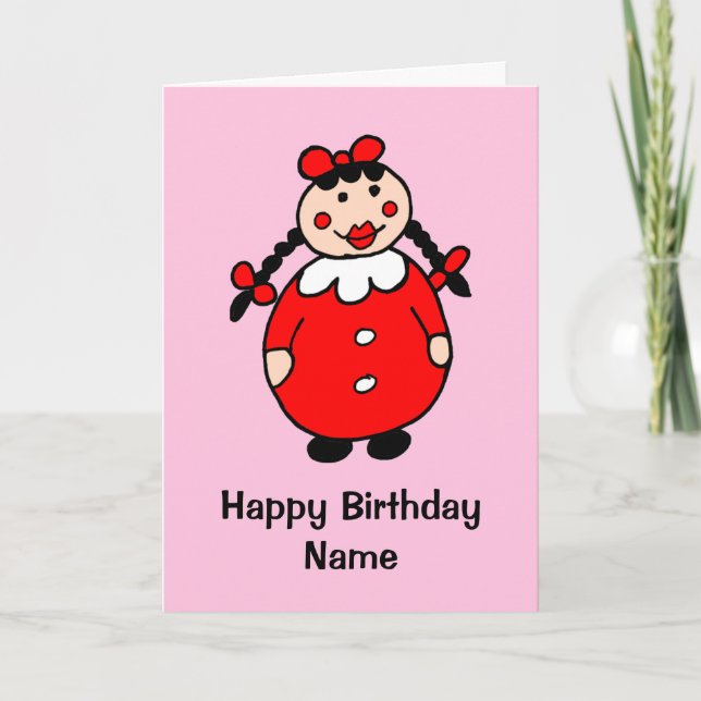 Cute Girl Red Dress Black Hair Tecknad Birday Kort (Framsida)
