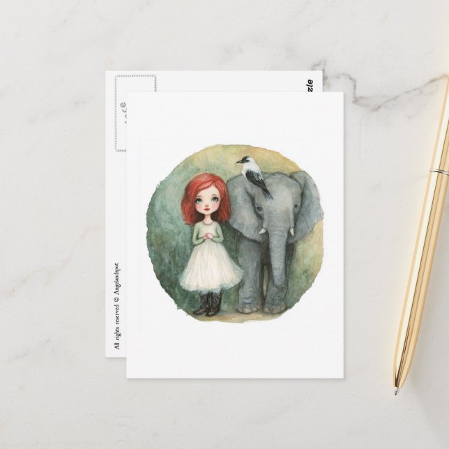 Cute Girl Red Hair With Elephant and Bird Vykort (Fram/Back In Situ)