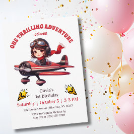 Cute Girl Red Vintage Airplane Kids 1st Birthday Inbjudningar