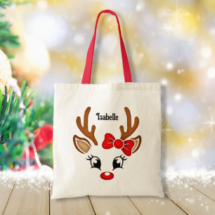 Cute Girl Reindeer Ansikte med Namn Tygkasse