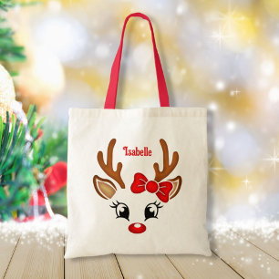 Cute Girl Reindeer Ansikte med Namn Tygkasse