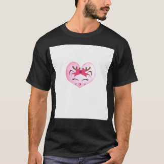 Cute Girl Reindeer Ansikte på Rosa Heart Backgroun T Shirt