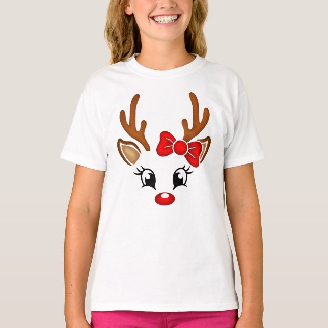 Cute Girl Reindeer Ansikte T Shirt (Framsida)