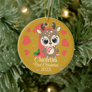 Cute Girl Reindeer Baby:s första jul Guld Julgransprydnad Keramik