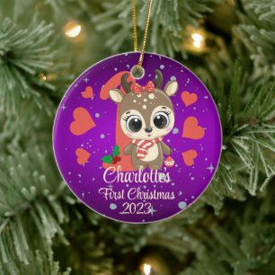 Cute Girl Reindeer Baby's First jul Lila Julgransprydnad Keramik