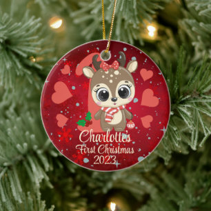 Cute Girl Reindeer Baby's First jul Red Julgransprydnad Keramik