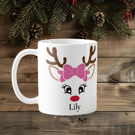 Cute Girl Reindeer Rosa Bow jul Mugg