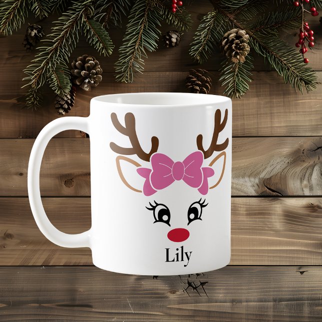 Cute Girl Reindeer Rosa Bow jul Mugg (Cute Girl Reindeer Pink Bow Christmas Mug
)