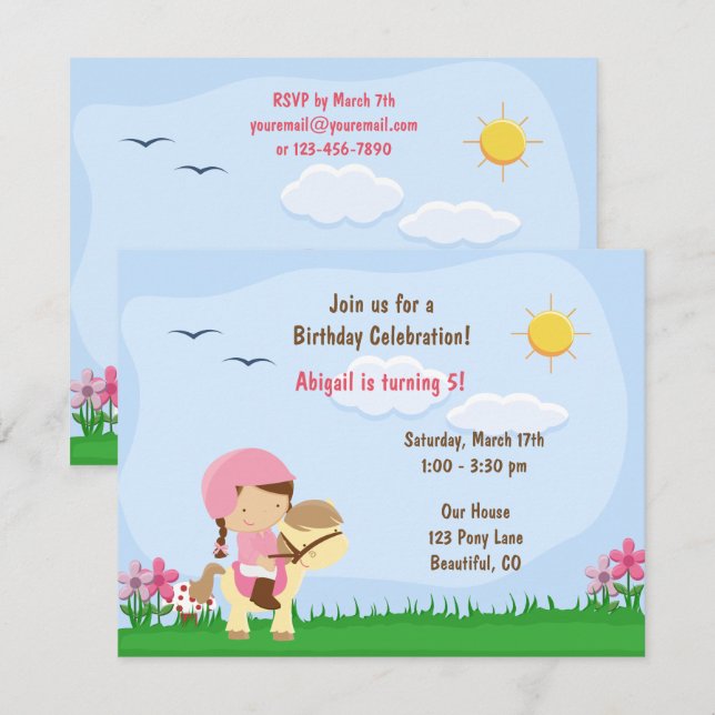 Cute Girl Riding a Pony ~ Horse Birthday Inbjudningar (Fram/baksida)