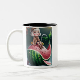Cute Girl Riding a Watermelon Whale Två-Tonad Mugg