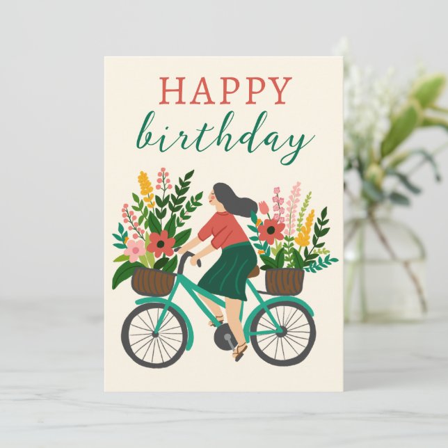 Cute Girl Riding Bicycle w Flowers Grattis på föde (Stående Fram)
