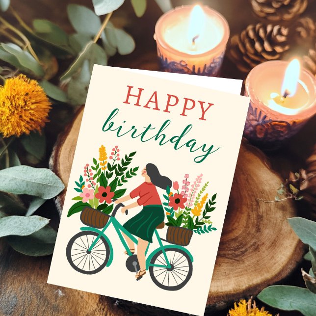 Cute Girl Riding Bicycle w Flowers Grattis på föde Kort (Cute Girl Riding Bicycle w Flowers Happy Birthday Card
)