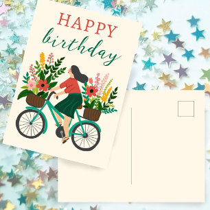 Cute Girl Riding Bicycle w Flowers Grattis på föde Vykort