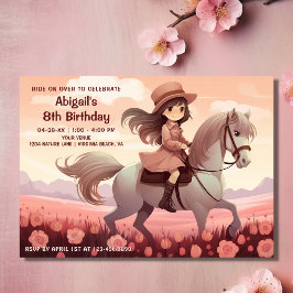 Cute Girl Riding Horse and Rosa Flowers Birthday Inbjudningar