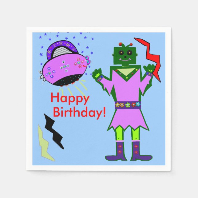 Cute Girl Robot Rosa Spaceship Birthday Napkins Pappersservett (Framsidan)