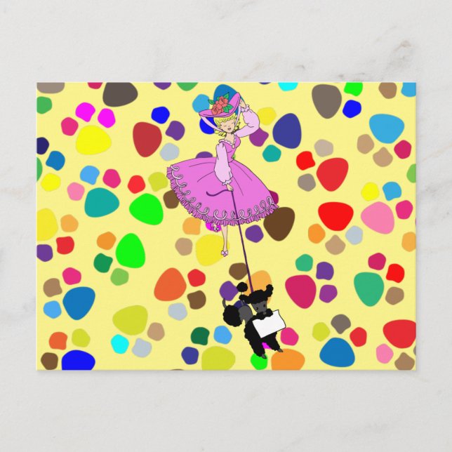 Cute Girl Rosa Dress Black pudel original tecknad Vykort (Framsida)