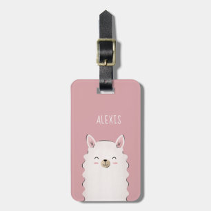 Cute Girl Rosa Lycklig Llama Barn Funny Animal Nam Bagagebricka